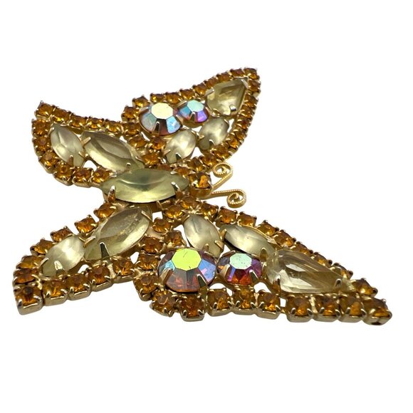 Weiss Signed Butterfly Brooch Aurora Borealis Citrine and Gold Colored Rhineston - Picture 3 of 11
